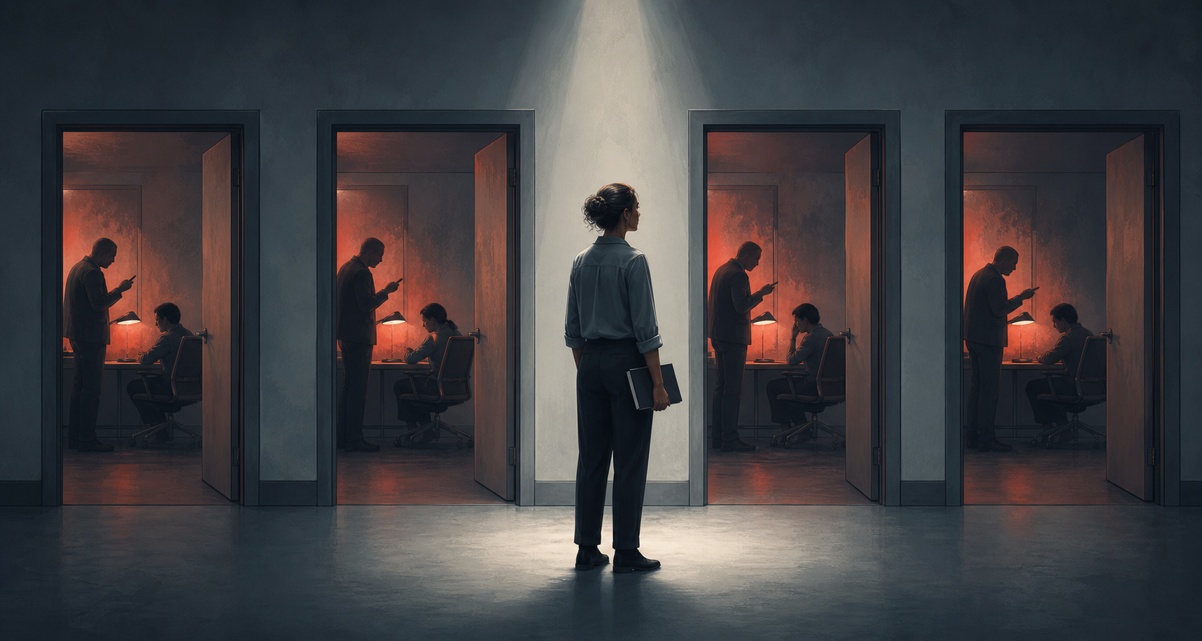 An office worker observes several doorways containing repeated scenes of a manager looming over a seated employee.