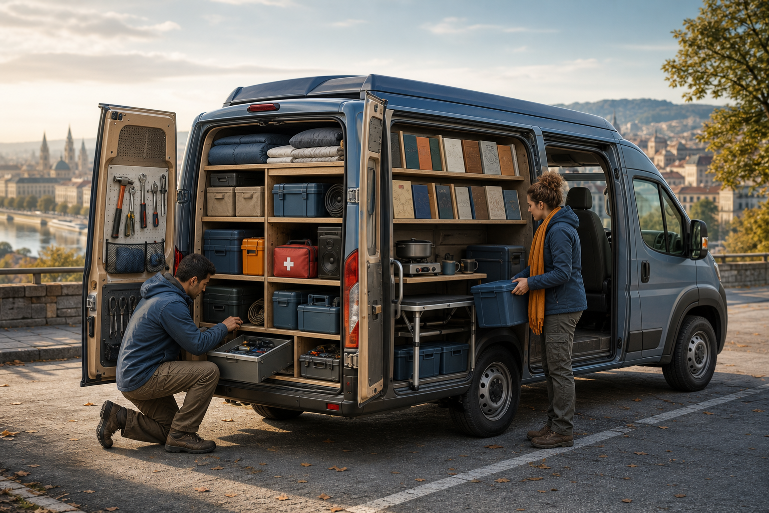 An open outreach van contains organized books, travel supplies, cooking equipment, folding furniture, and maintenance tools.
