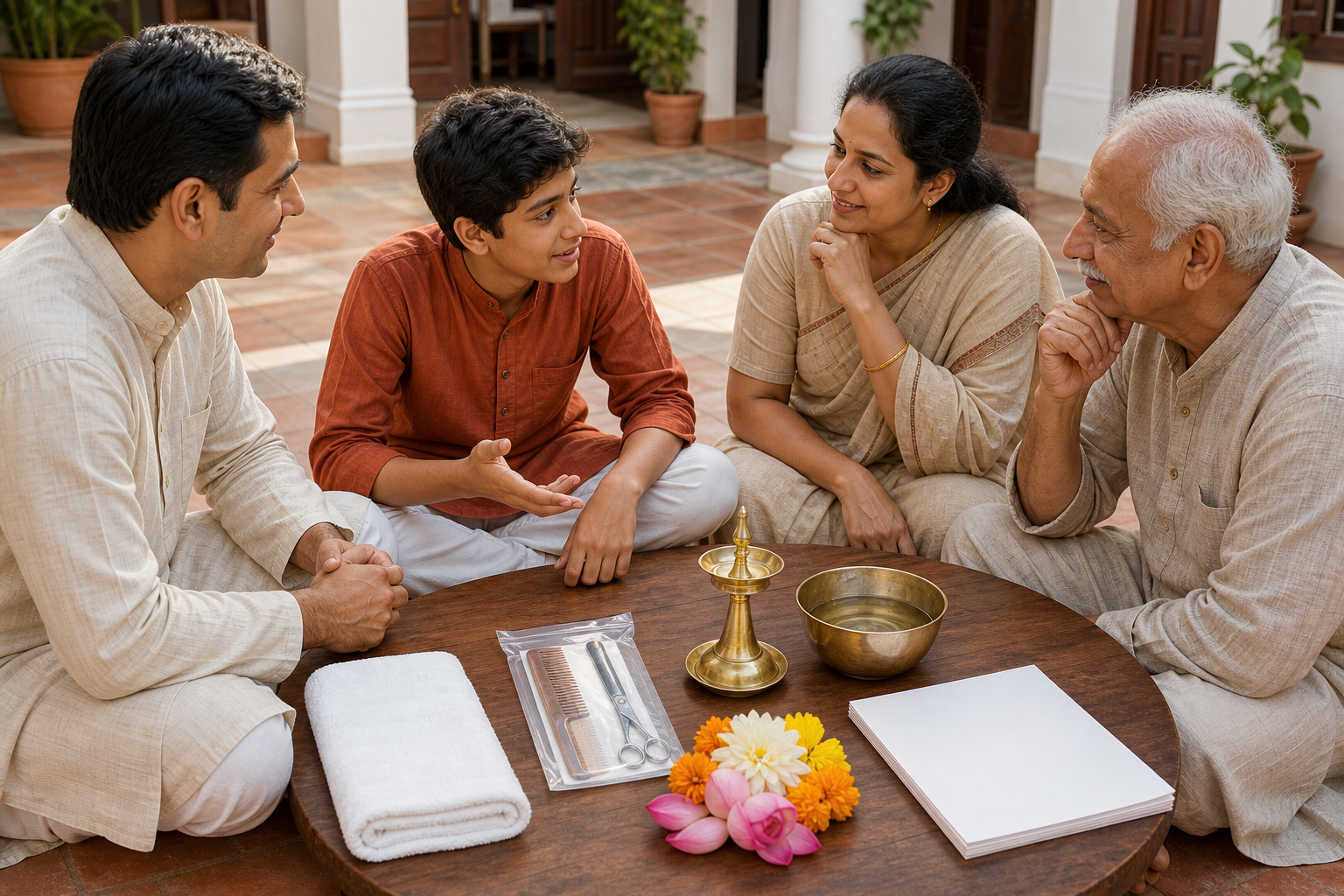 A family and adolescent discuss plans around a low table holding clean grooming supplies, flowers, a lamp, water, and an unmarked calendar.