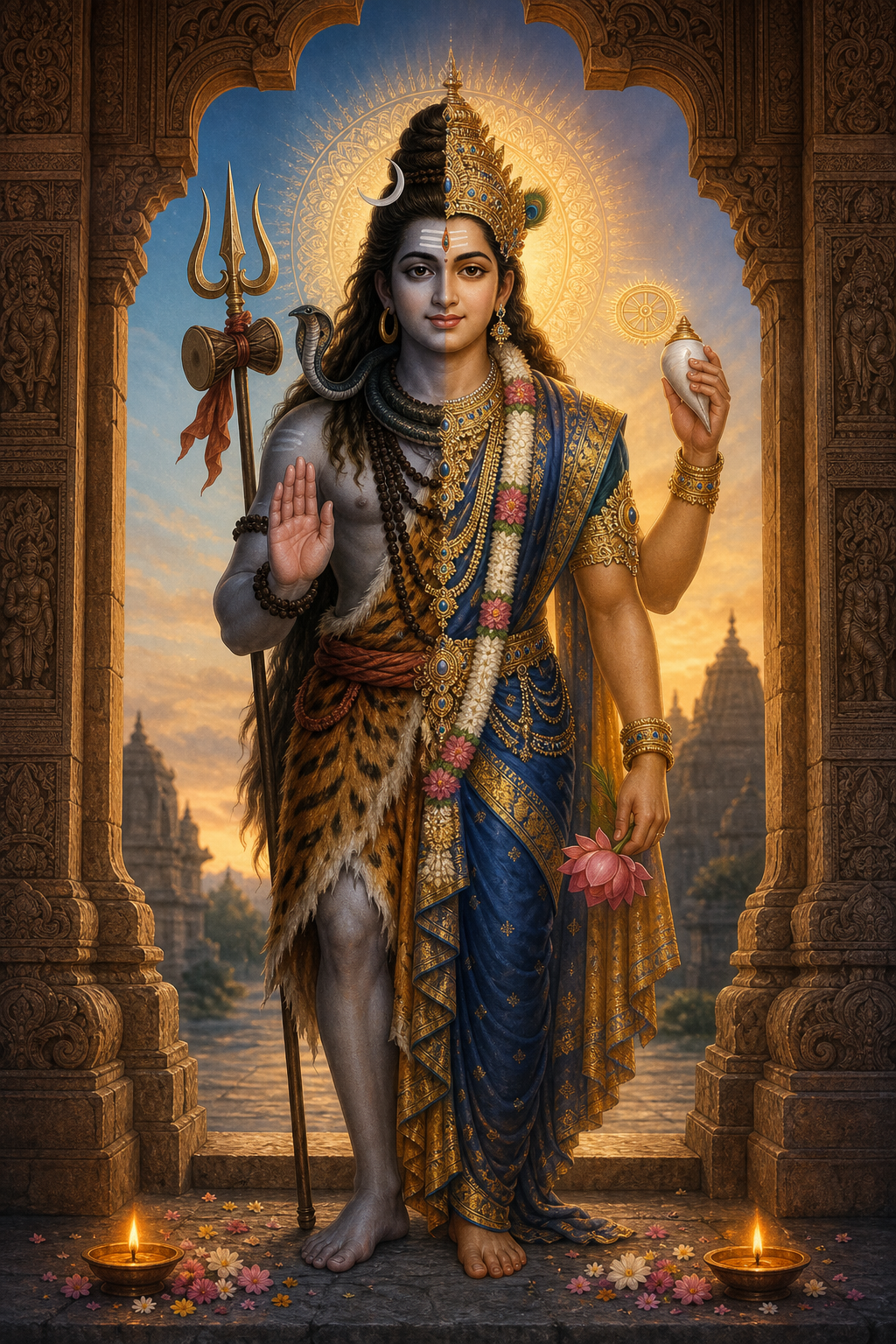 A single composite deity in a temple doorway combines Shaiva features such as matted hair and a trident with Vaishnava features such as a crown, conch, lotus, and discus.