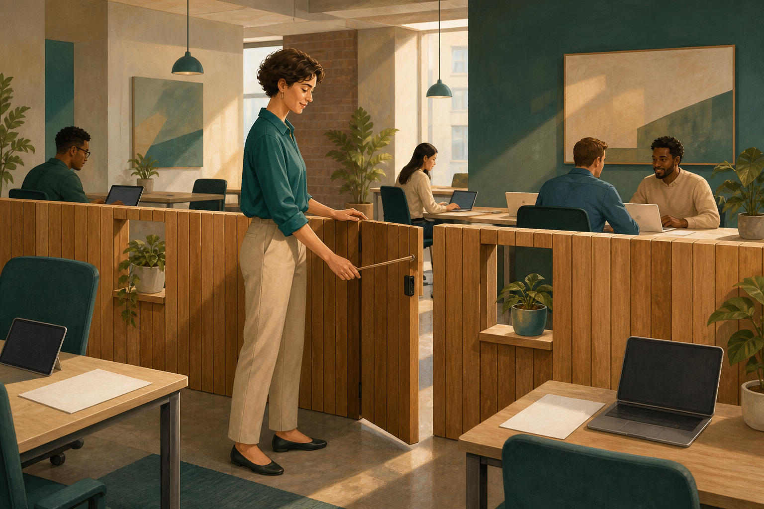 An employee calmly closes a small gate in a wooden office partition while coworkers remain on the other side.