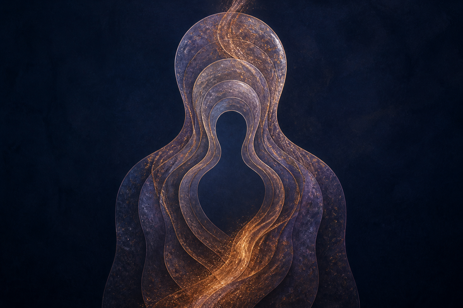 Nested translucent layers form a human silhouette while a golden current reshapes the outer layers around a clear, still center.
