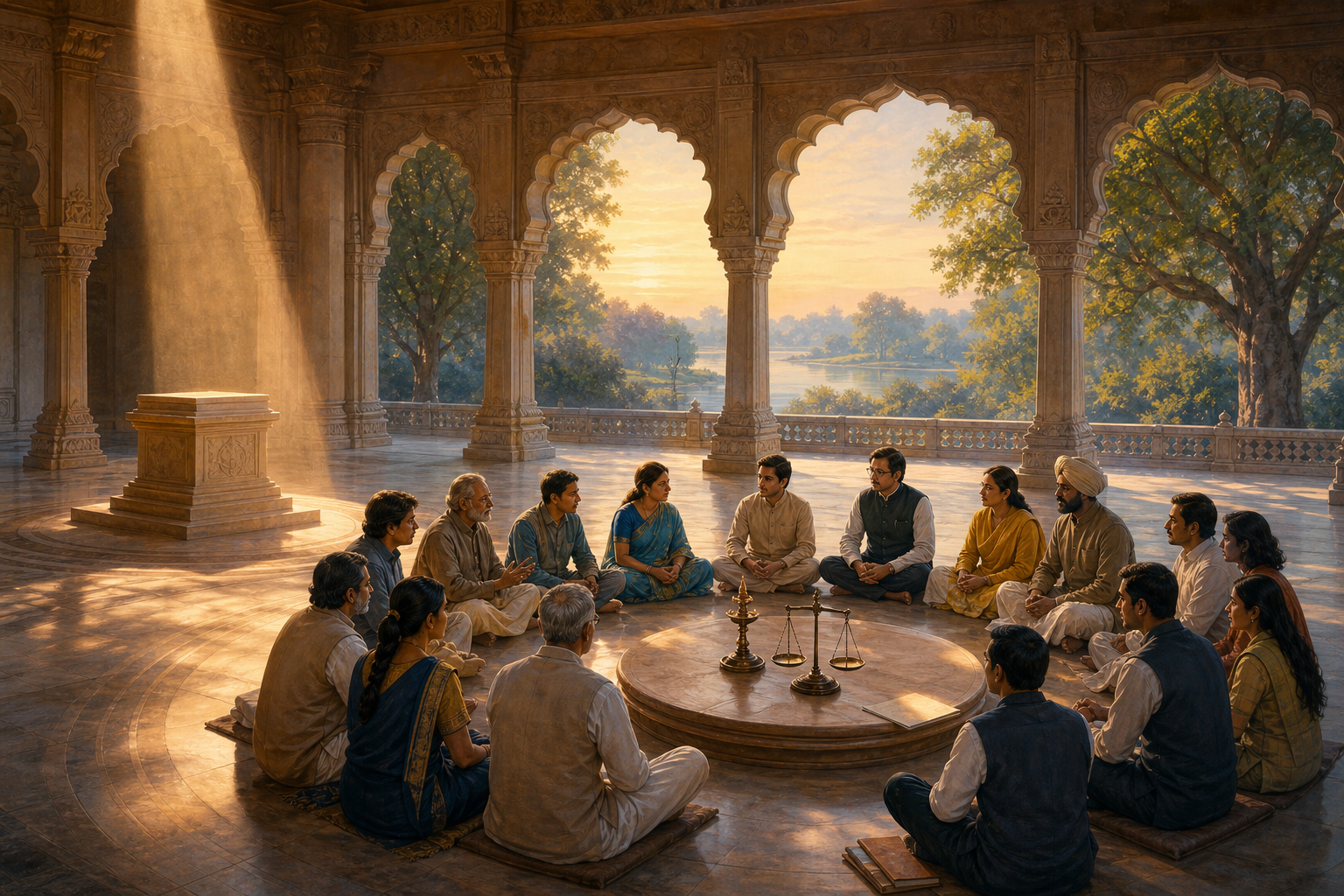 Citizens and a fictional leader sit at equal height around a table with balanced scales beside an empty stone pedestal.