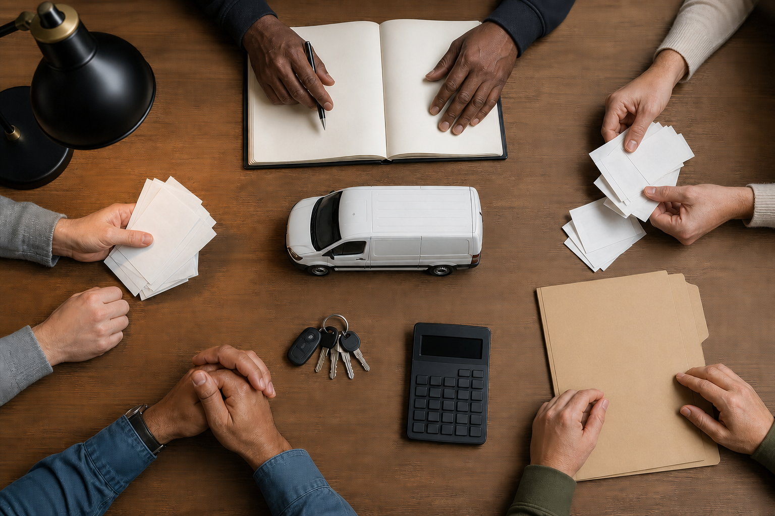 Several people review a blank ledger, receipts, keys, and a model van arranged on a meeting table.