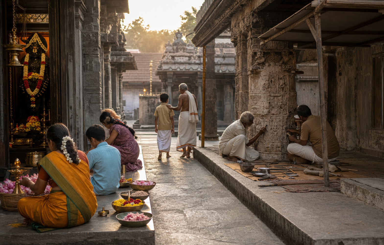 Devotees prepare offerings in a historic Hindu temple while craftspeople inspect a weathered carved column nearby.