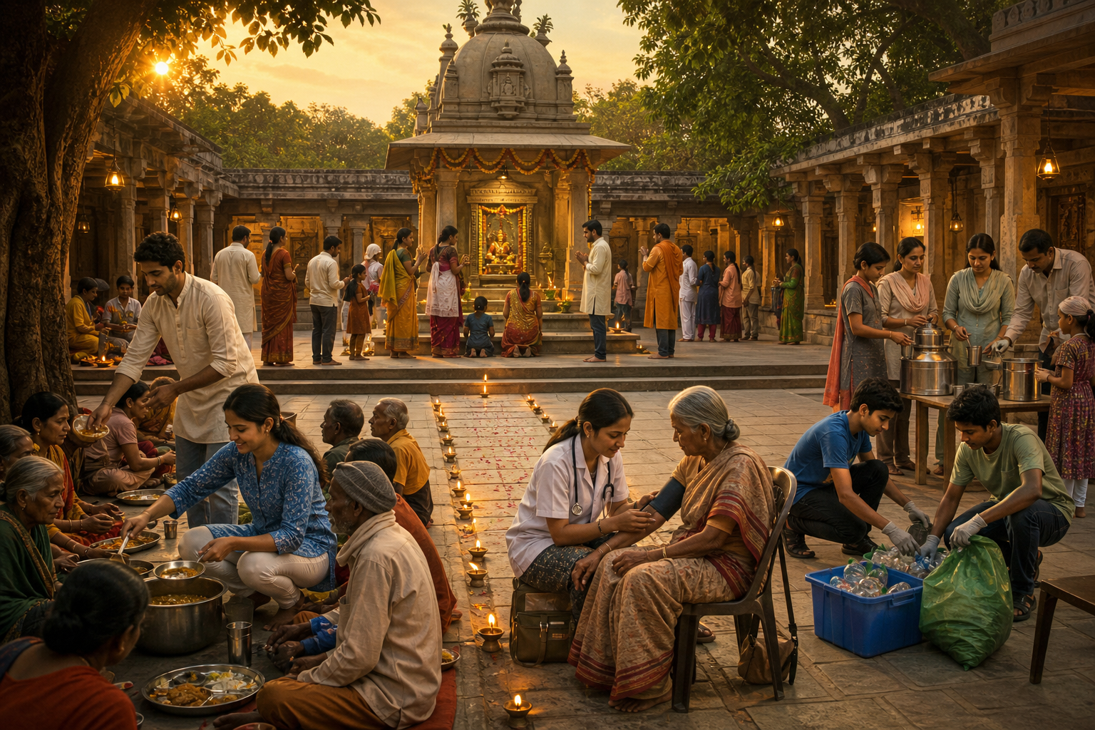 Worshippers pray in a temple courtyard while volunteers nearby serve food, offer a health check, sort waste, and prepare drinking water.
