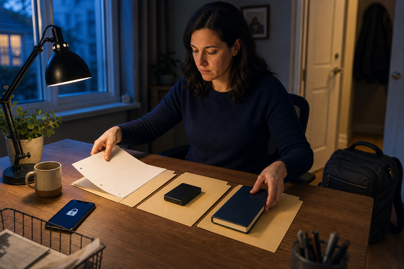 A professional organizes blank papers, a notebook, and a storage device into folders at a home desk beside a packed work bag.