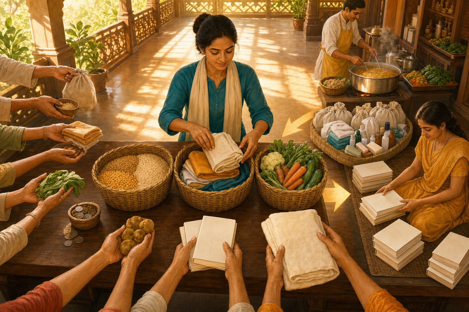 Volunteers sort donated coins, grain, cloth, and vegetables into baskets for a kitchen, care supplies, and blank-covered devotional books.