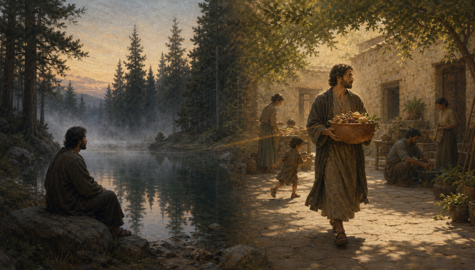 A person meditates beside a still forest pool and later carries a full clay bowl steadily through a busy courtyard.