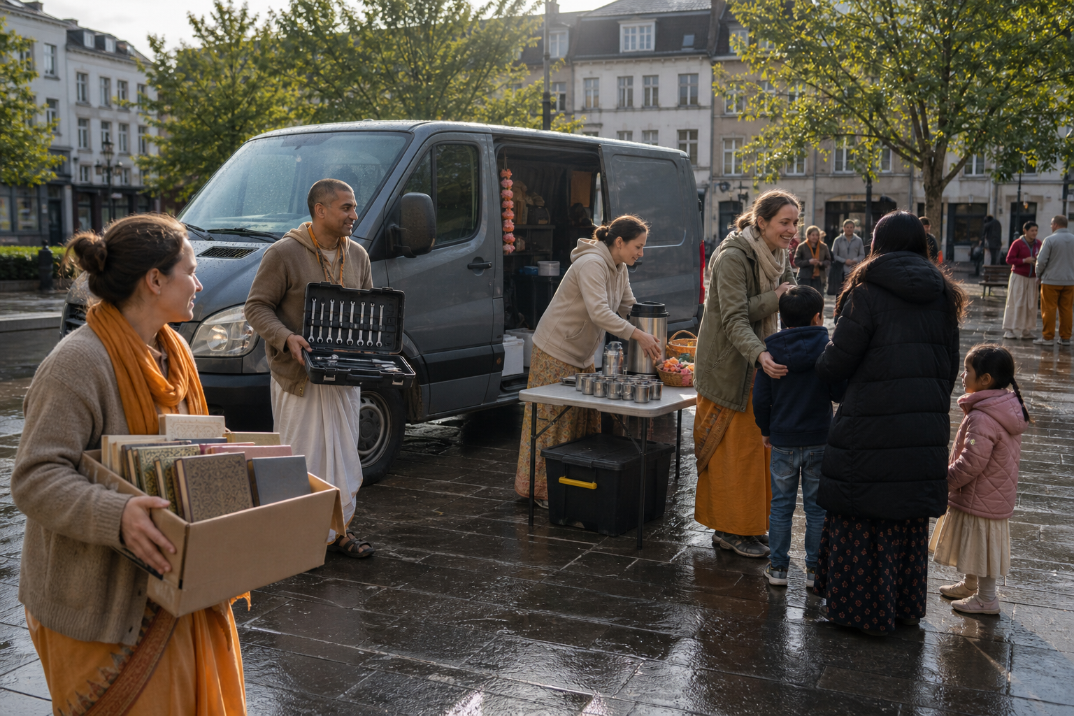 Volunteers bring books, tools, refreshments, and practical help to an outreach van in a European neighborhood plaza.