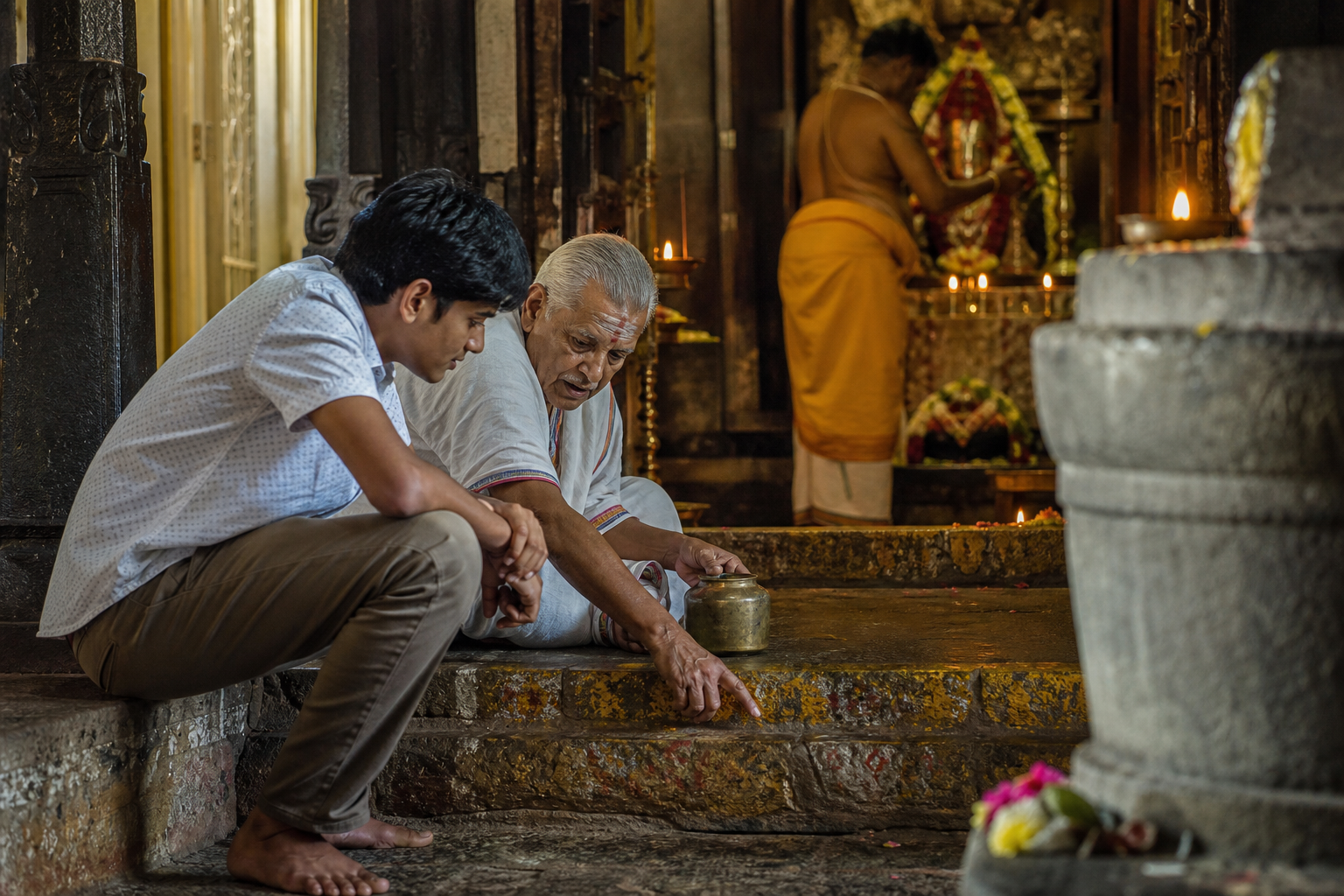 An elder shows a younger devotee a worn temple threshold and ritual vessel as worship continues in the background.
