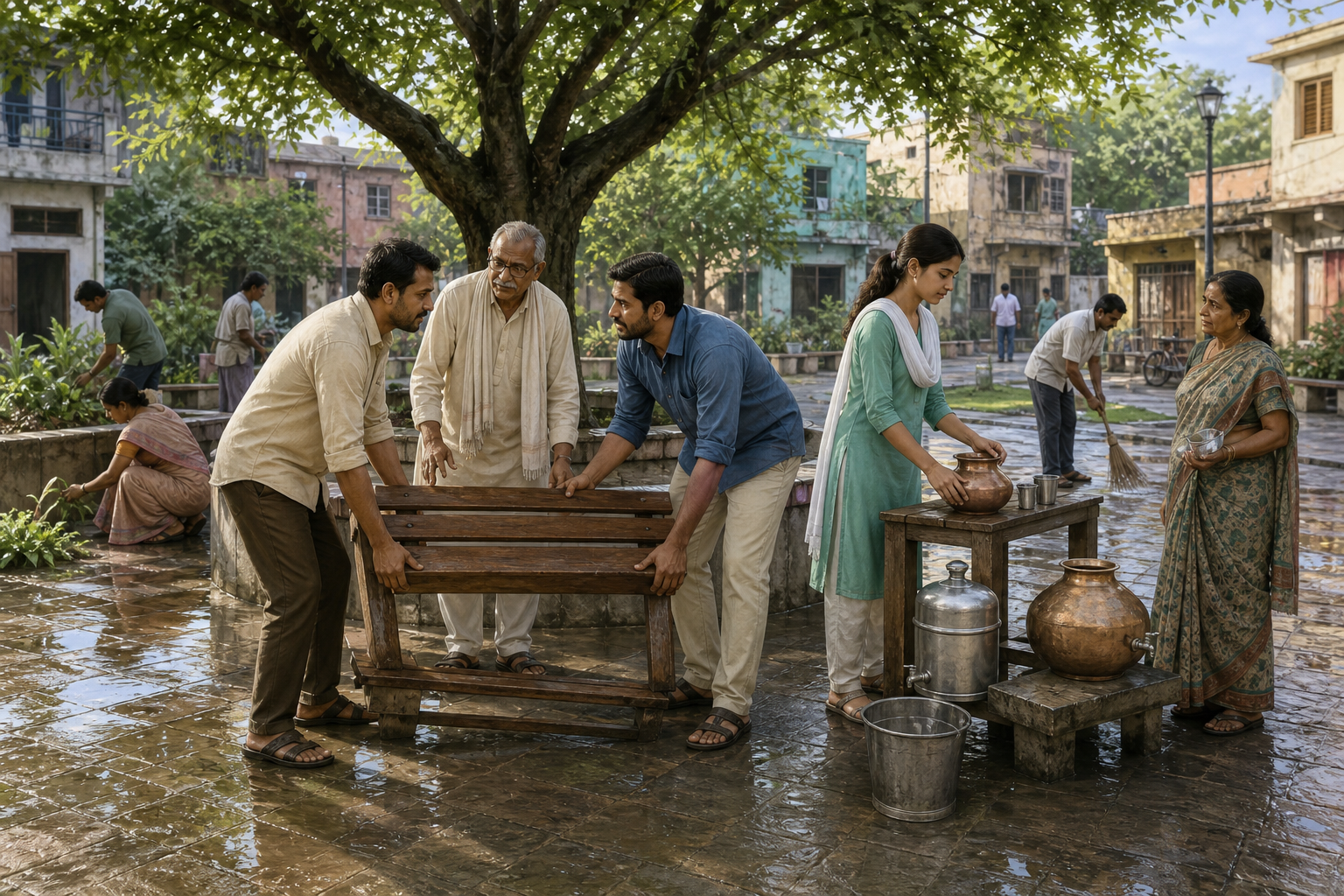 Formerly opposing citizens and a mediator work together to repair a bench and restore a neighborhood square after a public dispute.
