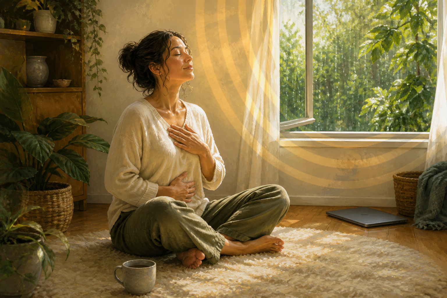 A person practices a grounding breath on a sunlit floor near plants and an open window, with a closed laptop set aside.