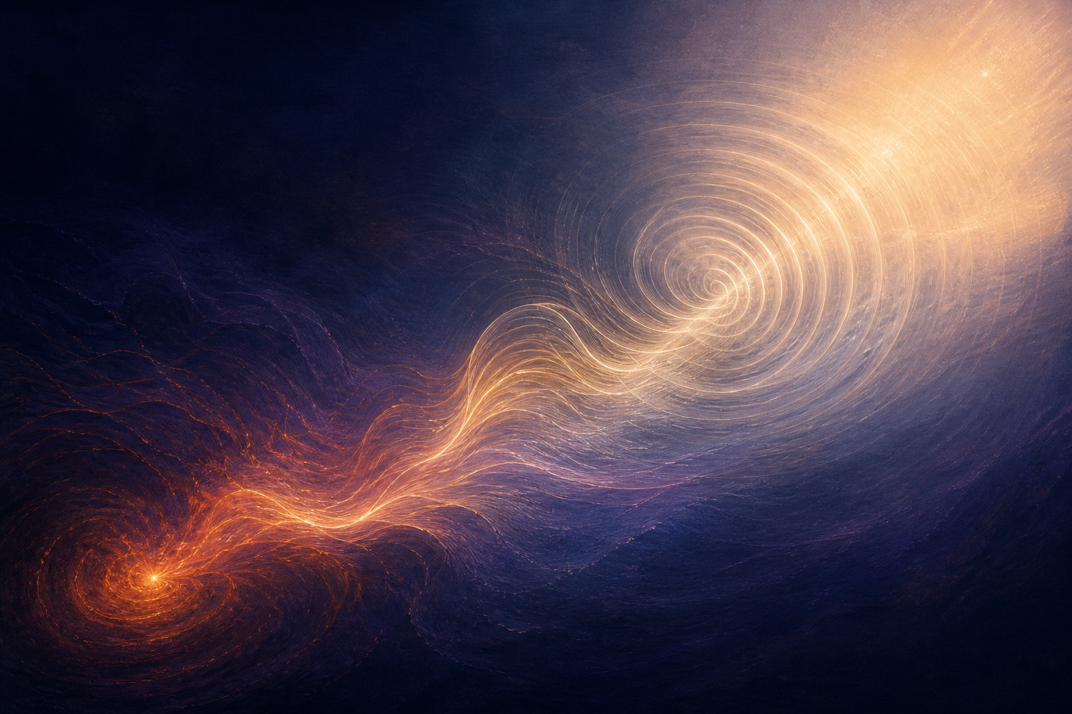 An ember-like pulse flows into wave patterns, concentric ripples, and a soft field of pearl-gold light in one continuous sequence.
