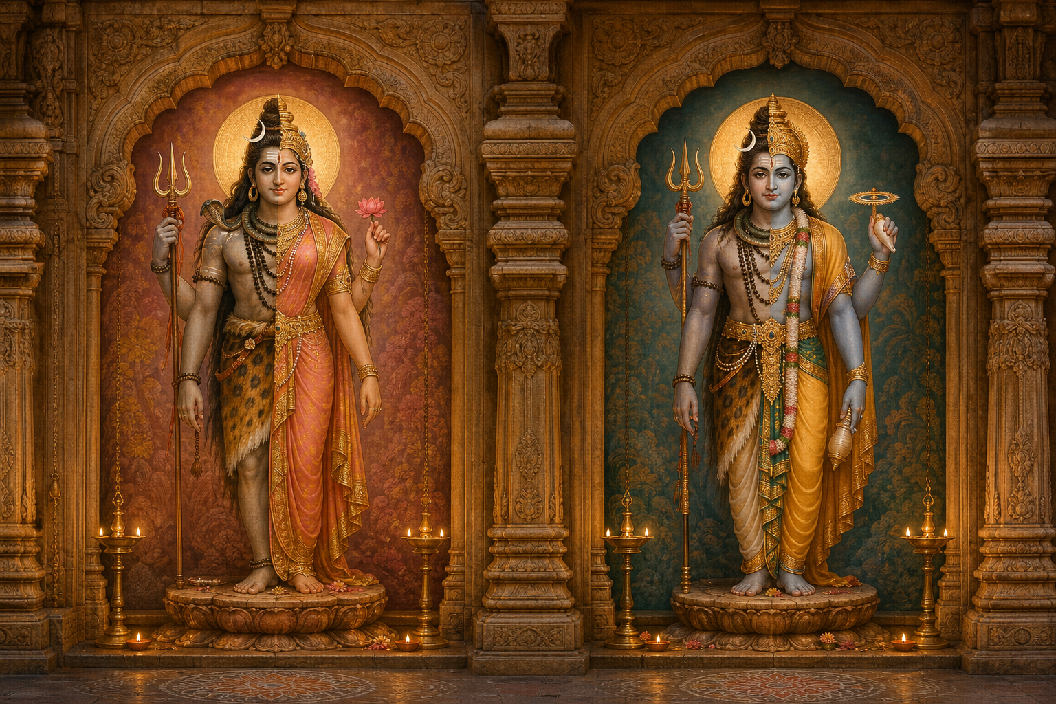 Two adjacent shrine niches contain Ardhanarishvara, combining Shiva and Parvati, and Harihara, combining Shiva and Vishnu, with each figure retaining distinct attributes on its two sides.