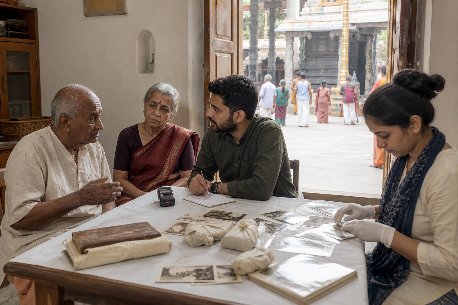 Two temple elders share memories with a younger volunteer beside an audio recorder and archival photographs.