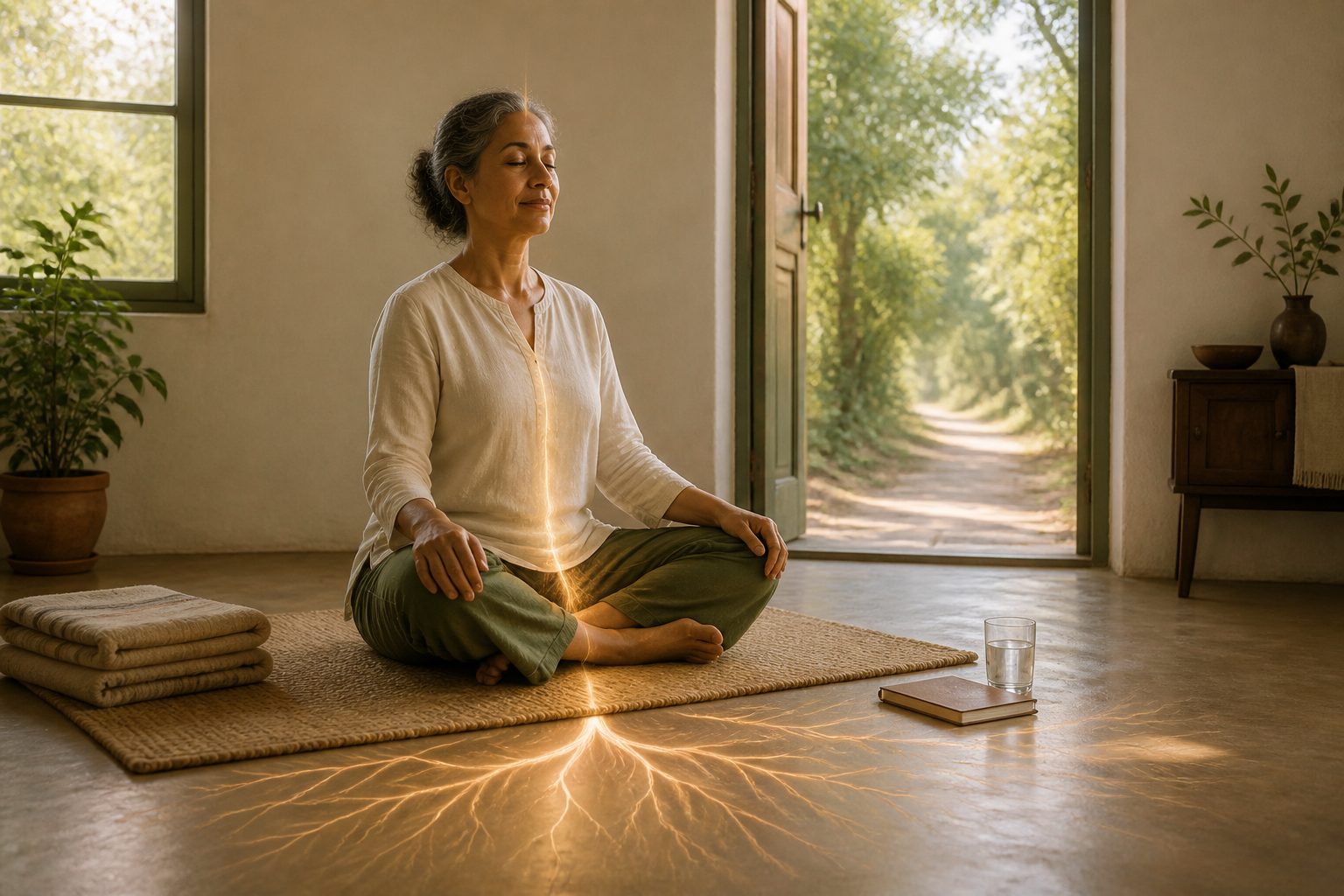 A practitioner sits calmly on a woven mat in a sunlit room with water, a journal, a blanket, and an open doorway leading outdoors.