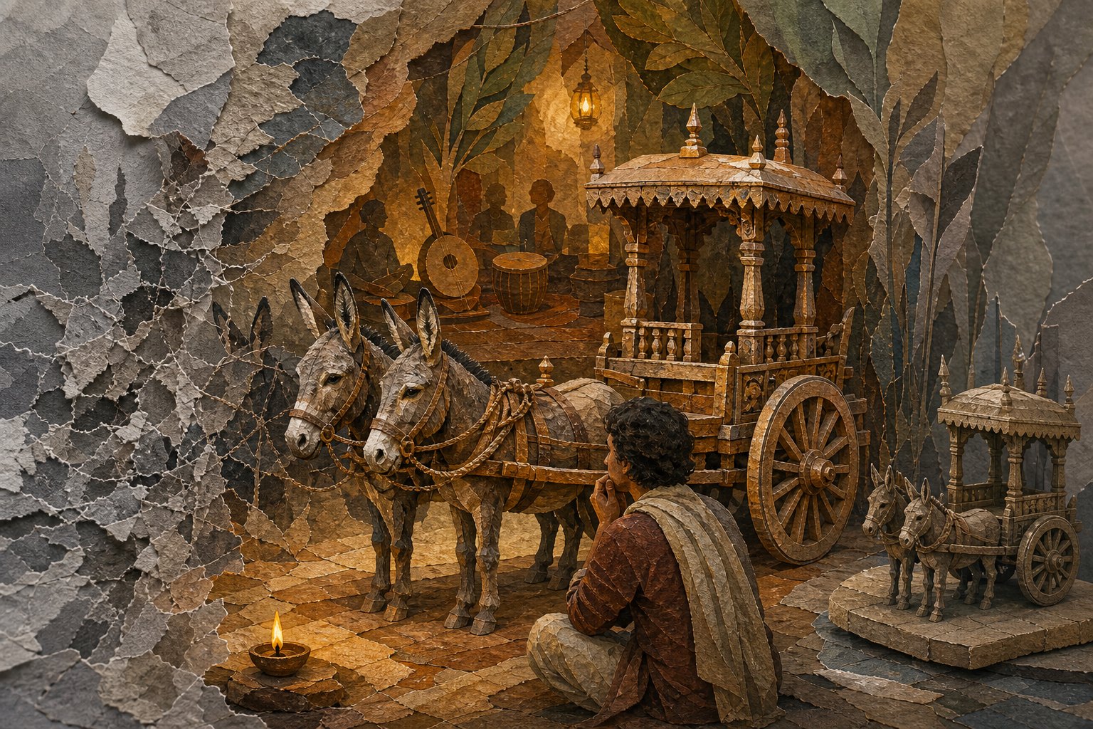 An observer studies an ass-drawn wooden chariot while fragmented and rigid versions of the motif fade at either side.