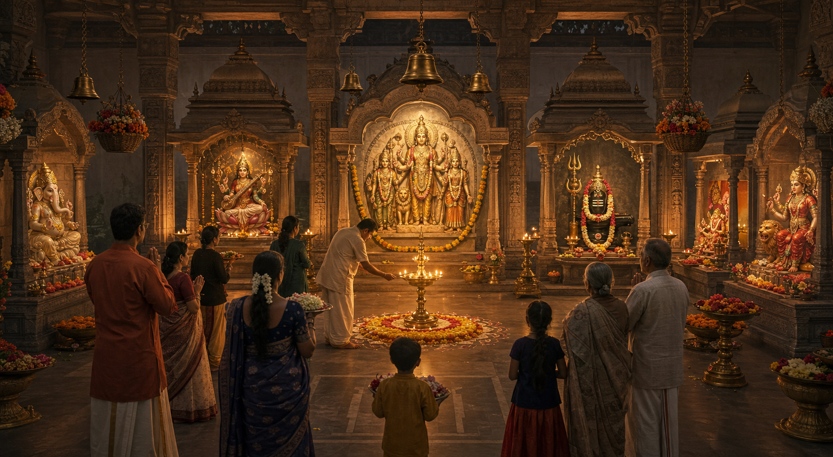 Devotees gather around a shared lamp before a central composite relief and several nearby shrines whose deity forms and offerings remain visibly distinct.