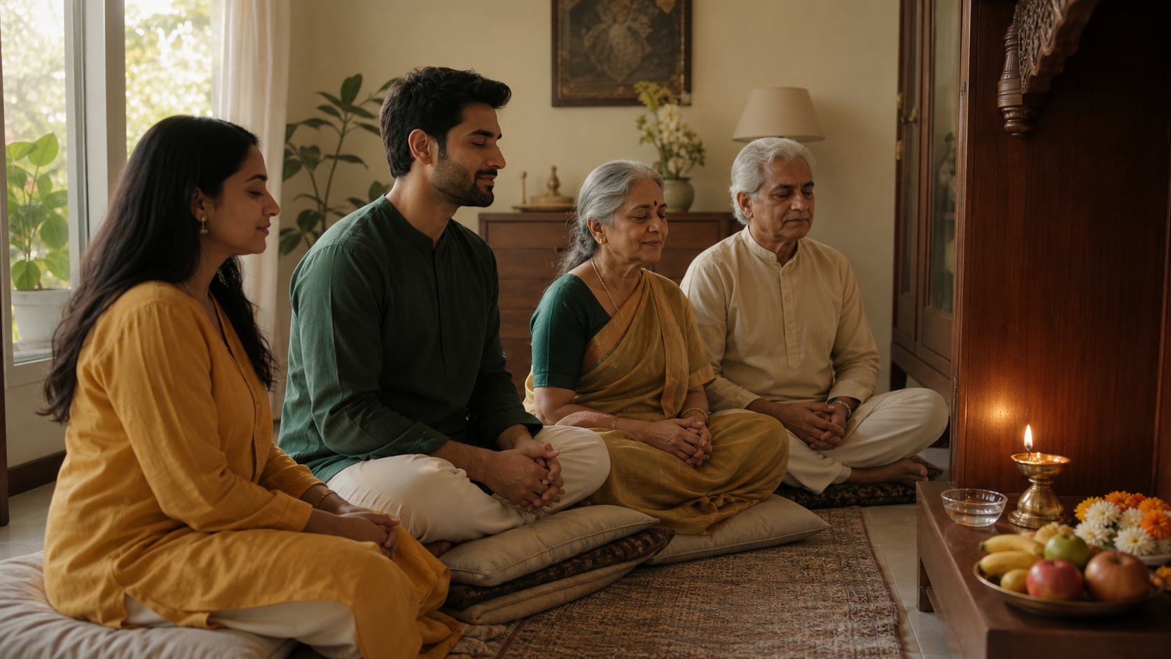 A multigenerational family sits together beside a modest home shrine with an oil lamp, flowers, water, and fruit in the morning light.