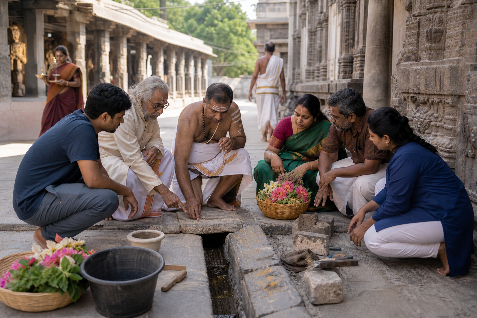 Temple caregivers, a priest, a craftsperson, and volunteers inspect a damaged stone channel while keeping a worship pathway open.