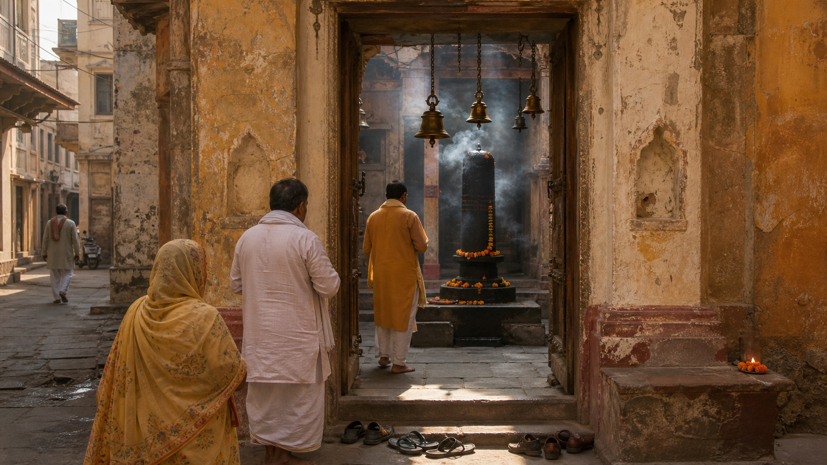 Pilgrims quietly approach a modest shrine courtyard in Alaipur, with temple bells, marigold offerings, and a sacred pillar-like form visible inside.