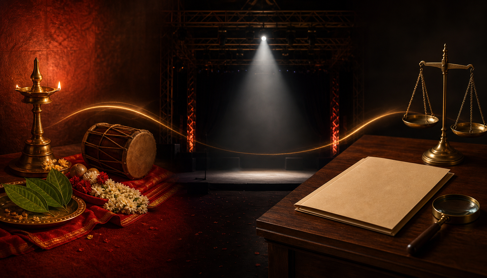 A sacred ceremonial space, an empty spotlighted stage, and a desk with a magnifying glass and balanced scales form a three-part editorial scene.