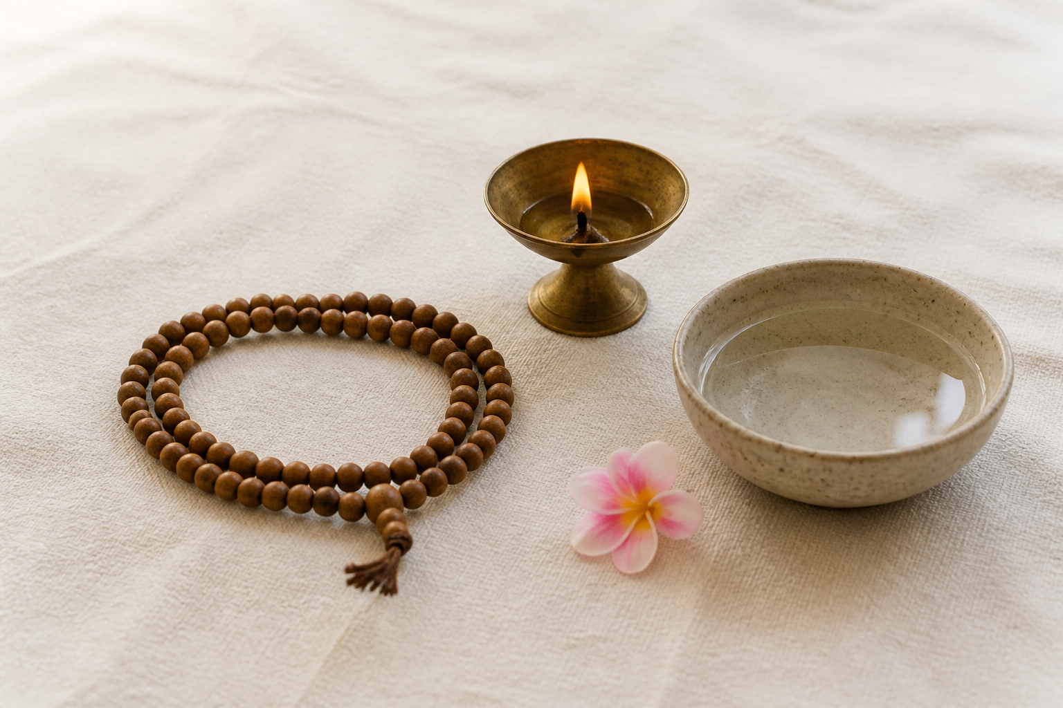 A single strand of wooden prayer beads lies beside a small lit oil lamp, a flower, and a bowl of water on a cotton cloth.
