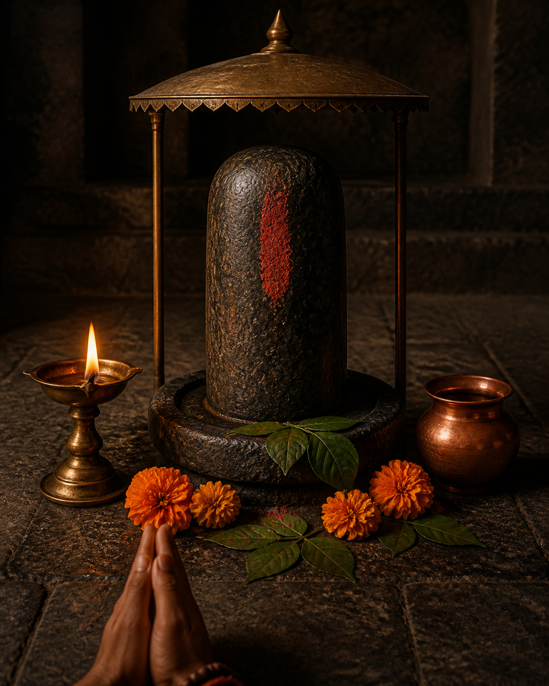 Folded hands face a dark sacred pillar-like form surrounded by a brass lamp, marigolds, leaves, and a copper vessel.