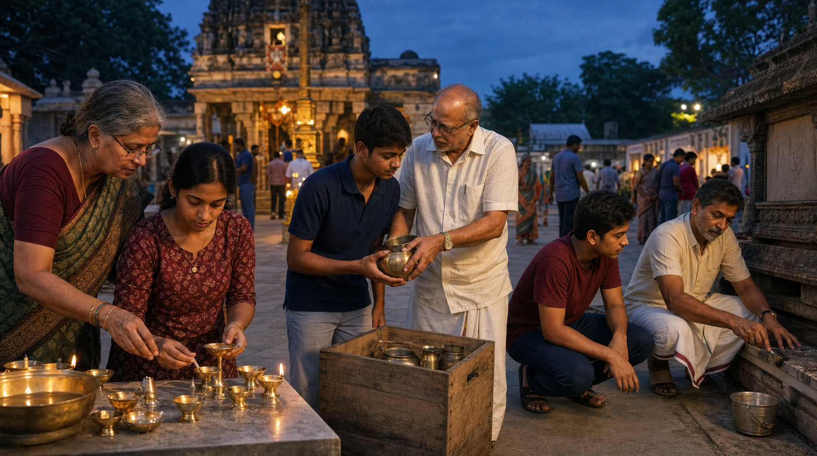 Elders and a craftsperson guide younger volunteers in preparing lamps, caring for ritual objects, and cleaning temple stonework.