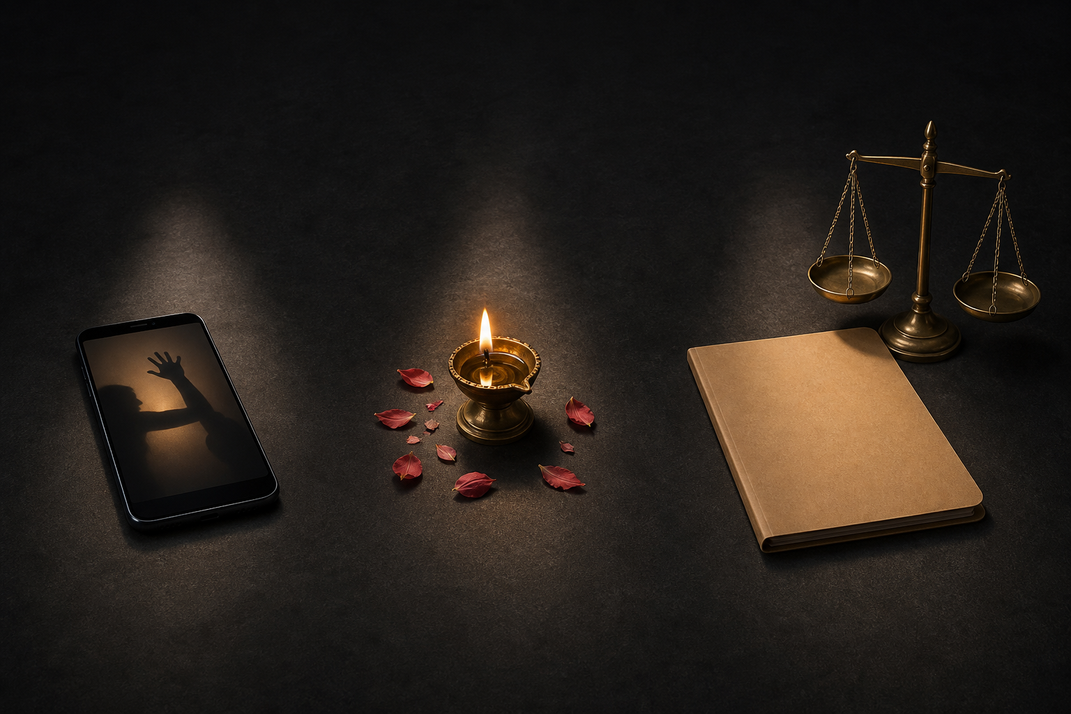 A phone, a brass oil lamp with flower petals, and a closed legal file with scales are separated across a dark tabletop.
