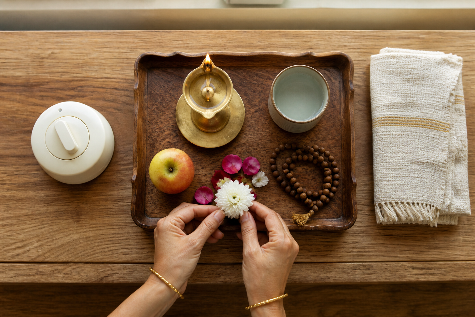 Hands place flower petals on a small ritual tray holding an oil lamp, water, fruit, and wooden prayer beads.