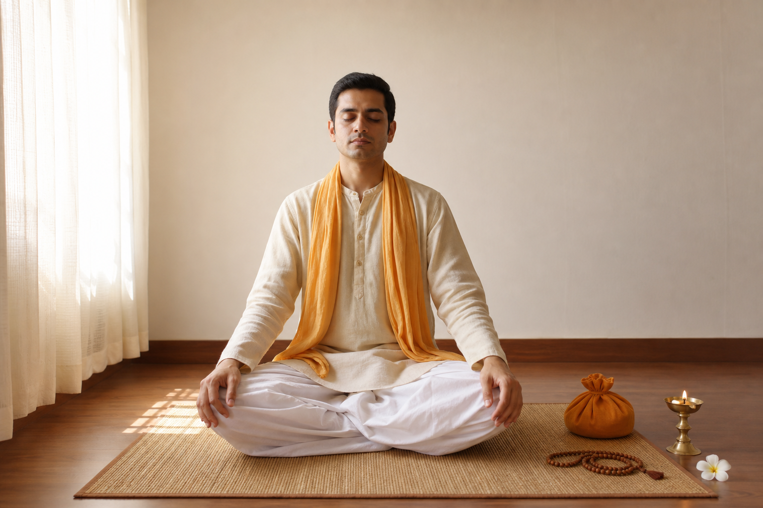A practitioner sits quietly with eyes closed before beginning japa, with prayer beads and a brass lamp nearby.