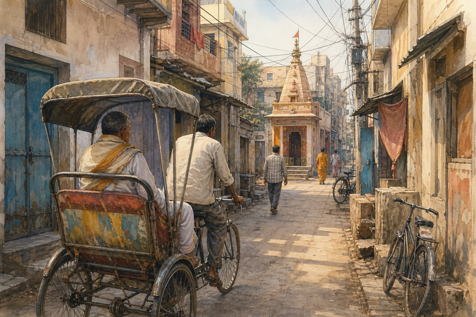 A pilgrim travels by cycle rickshaw along a narrow Alaipur neighborhood lane toward a small temple entrance.