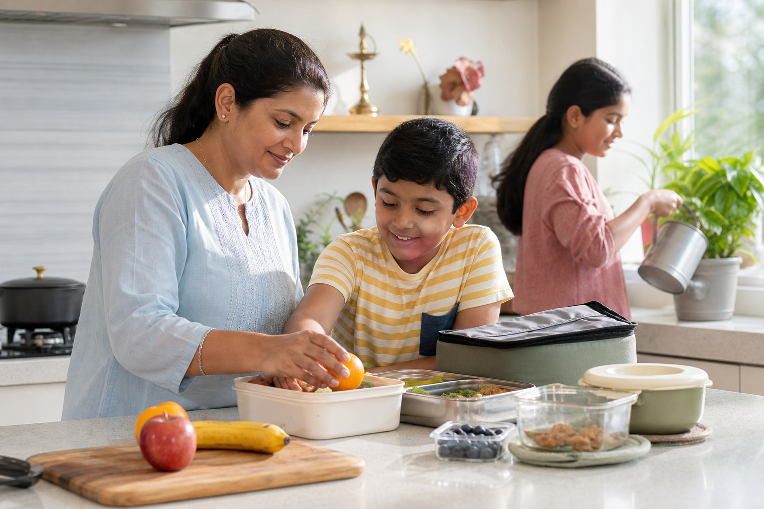 An adult and child pack homemade food and fruit into reusable containers while another family member waters a houseplant.