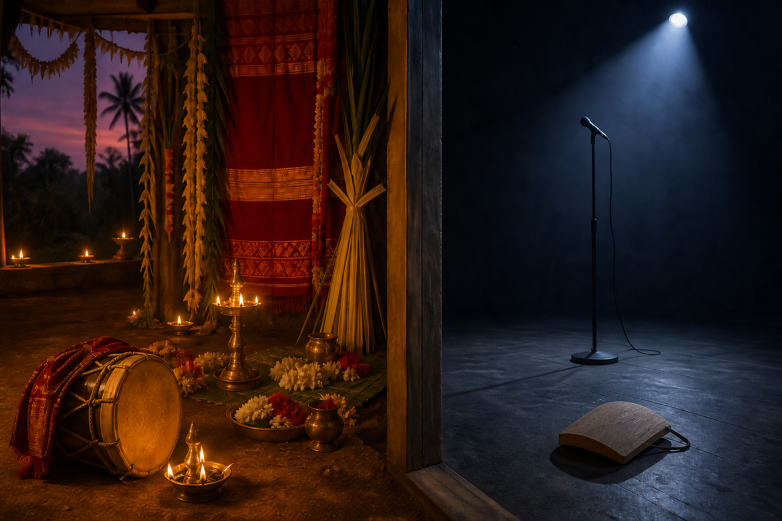 A lamp-lit ceremonial setting with offerings and a drum is contrasted with a cool, empty theatre rehearsal space and a face-down prop mask.