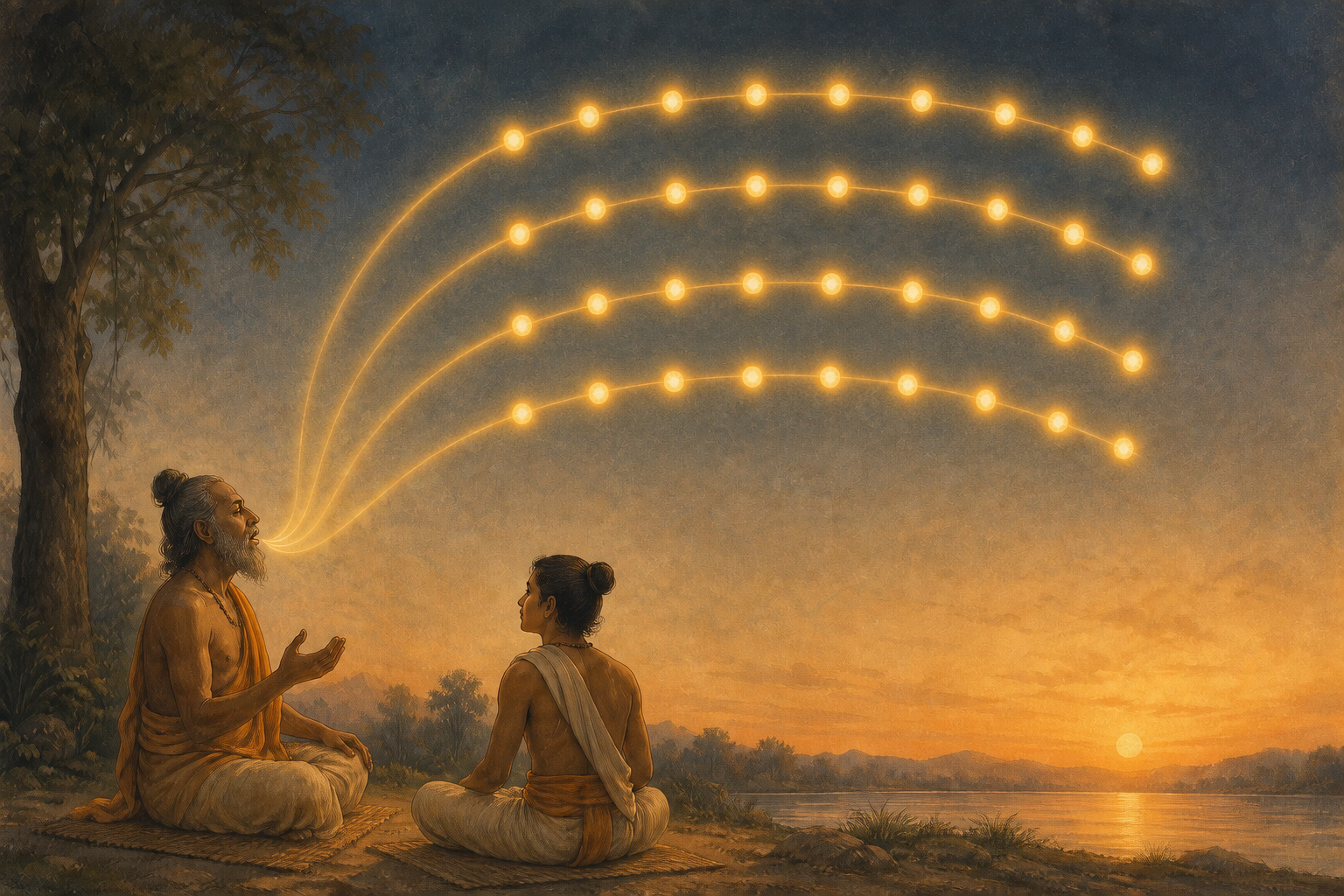 A seated Vedic reciter and listener beneath four arcs of nine glowing pulses representing the four padas of Brhati meter.