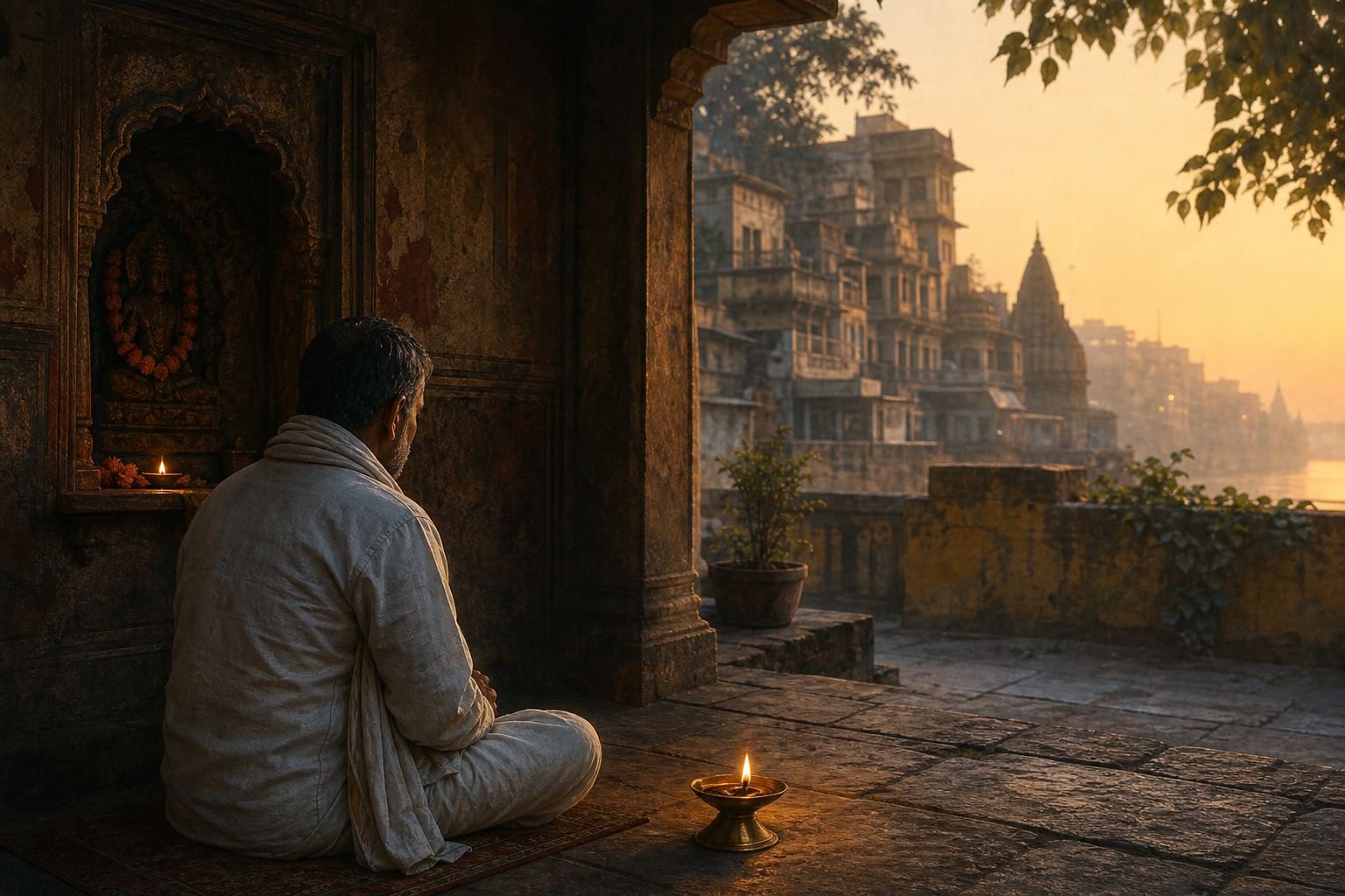 A pilgrim pauses quietly beside a glowing brass lamp in a small shrine courtyard, with old Varanasi buildings faintly visible in the distance.