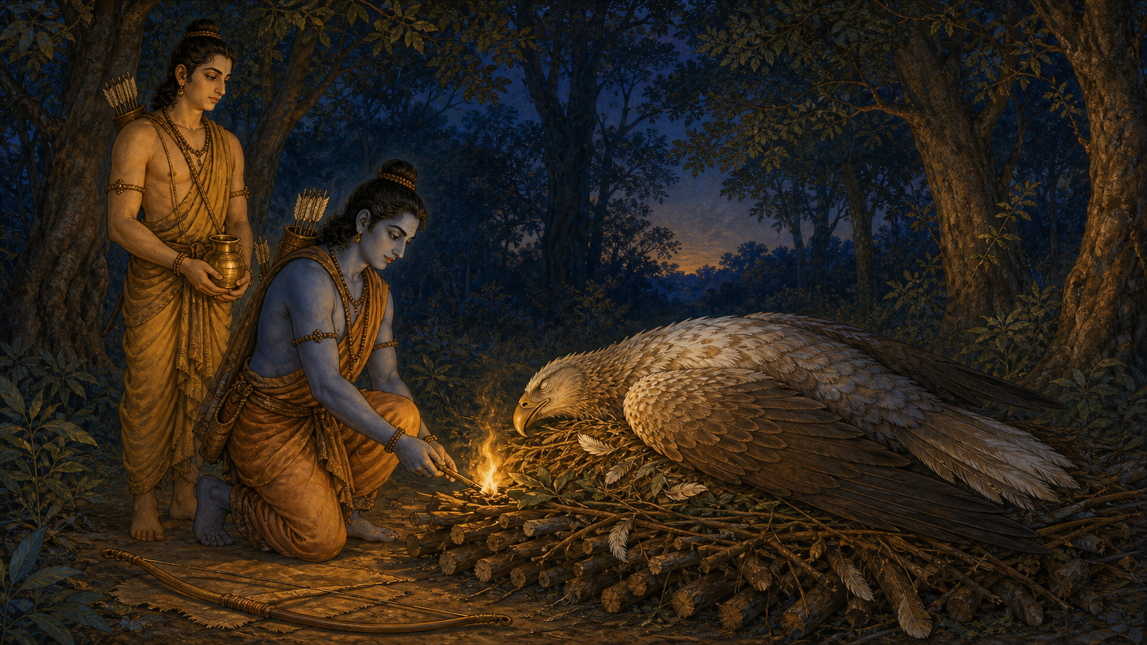 Rama lights Jatayu's funeral pyre in a forest clearing while Lakshmana stands beside him with a water vessel.