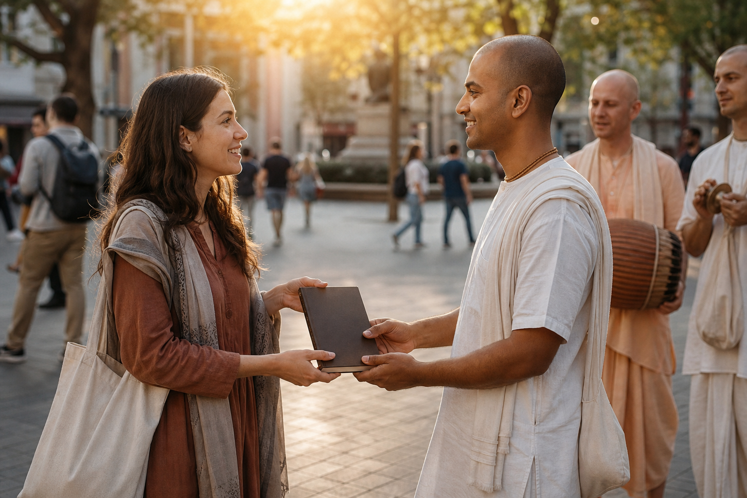 A devotional volunteer and a passerby hold a plain-covered spiritual book together in a sunlit public plaza while musicians stand in the background.