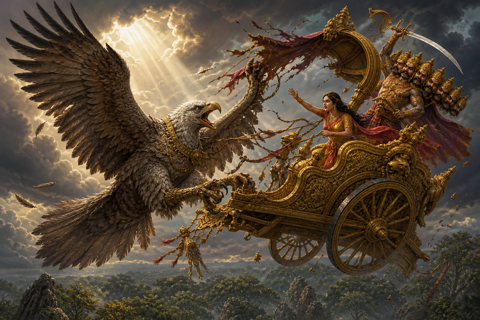Jatayu attacks Ravana's airborne chariot while trying to protect the abducted Sita above a forest.