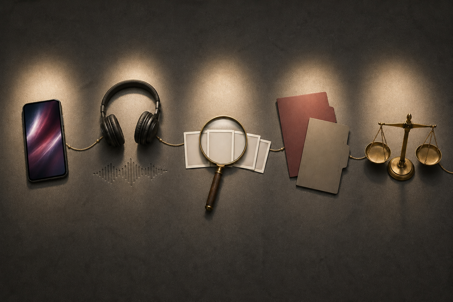 Five connected evidence stations on a table include a phone, headphones, image frames, source folders, and balanced scales.