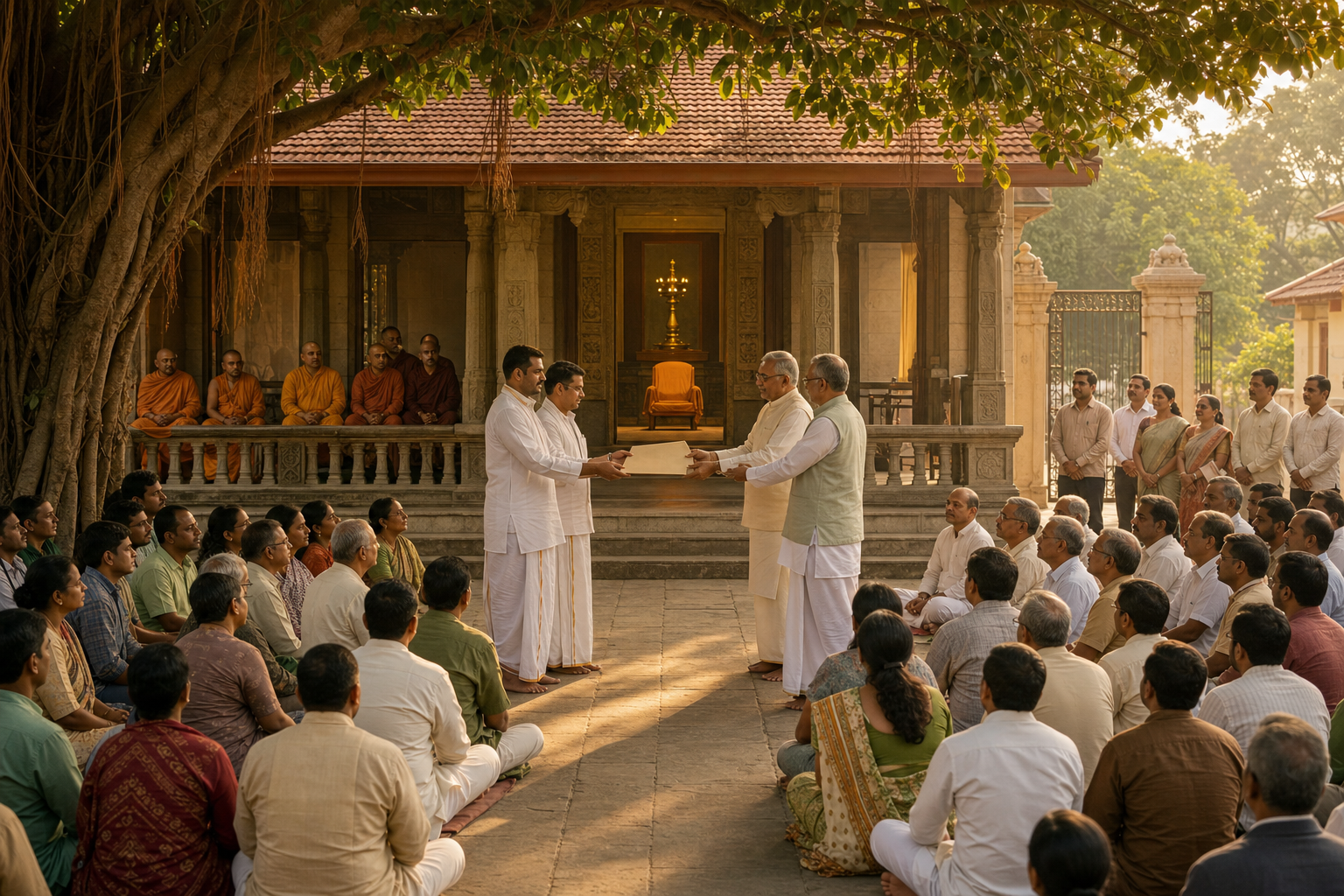 Devotees and community observers sit peacefully in a temple courtyard while elders receive a folder from administrators and monks watch from a veranda.