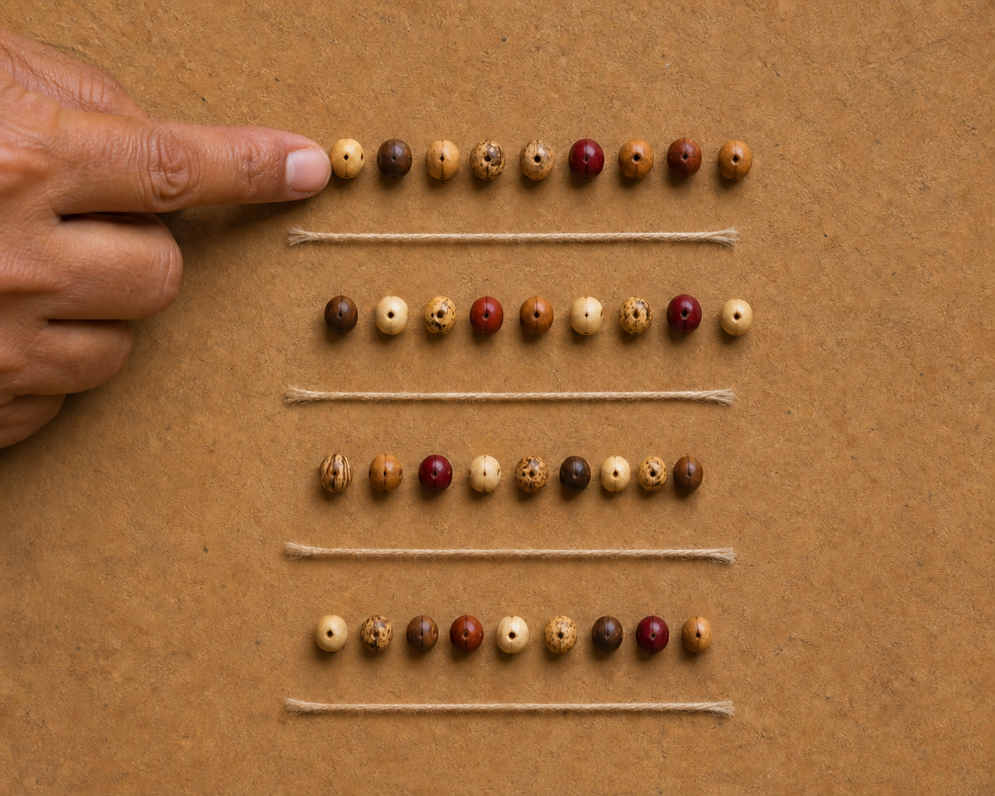 An overhead view of thirty-six seed beads arranged in four groups of nine, with a hand counting along one group.