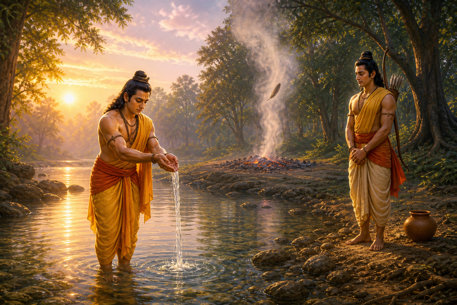 Rama pours a water offering into a forest stream after Jatayu's cremation as Lakshmana stands on the bank.