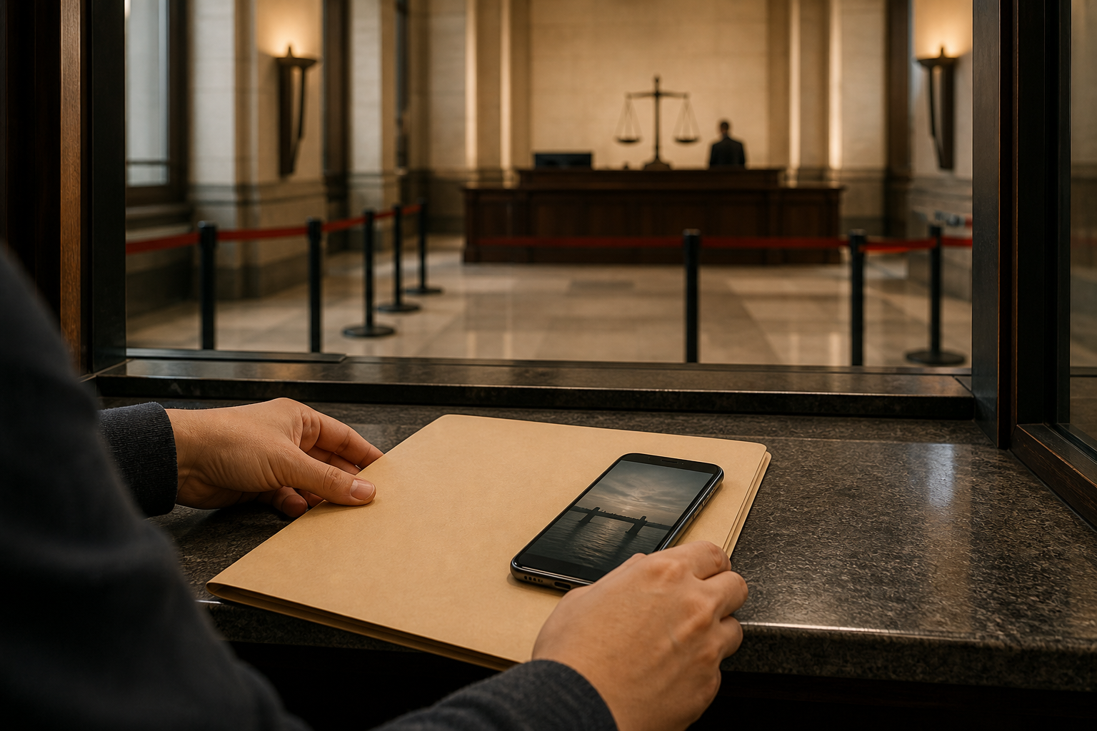 A person submits a phone and an unmarked evidence folder at a formal public-service counter beneath balanced scales.