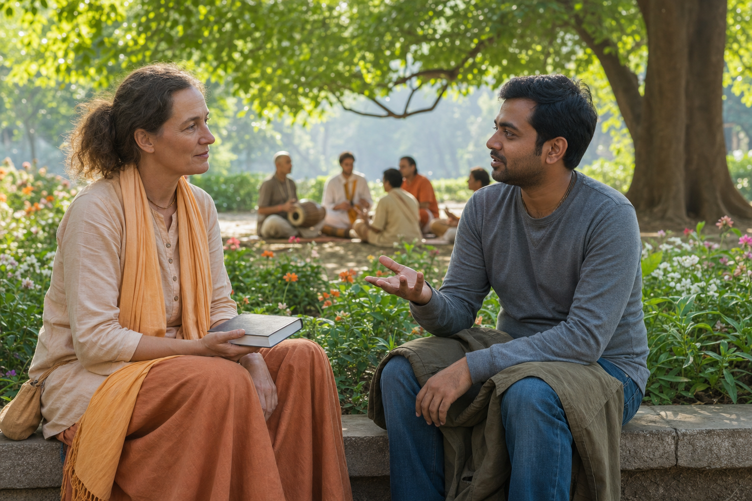 Two people have an attentive conversation beside a garden while one holds a plain-covered spiritual book and a small music circle gathers beneath a tree behind them.