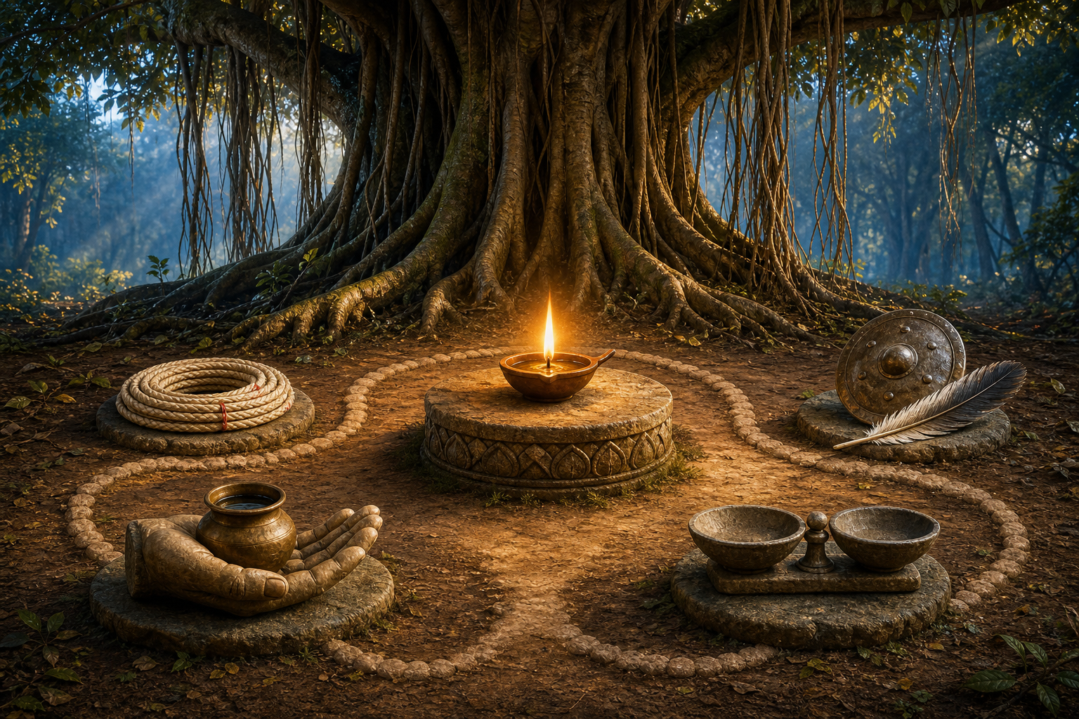 An oil lamp beneath a banyan tree is surrounded by four symbols: a boundary cord, a shield and feather, a hand with water, and balanced stone bowls.