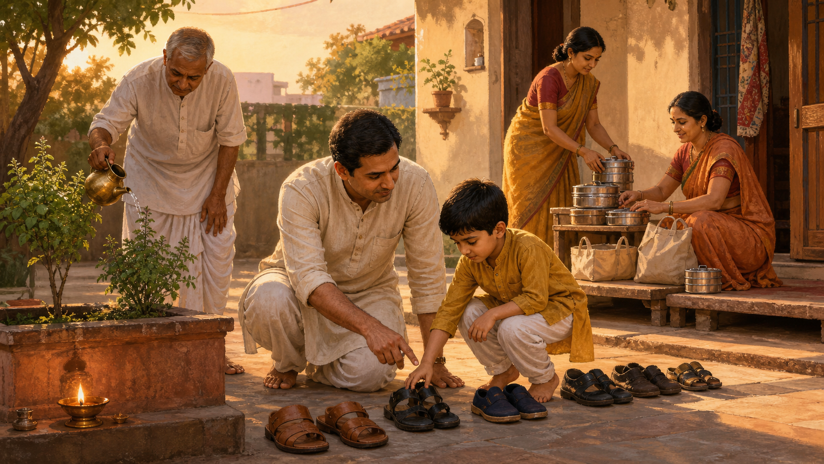 A family in a dawn courtyard combines gentle guidance, household order, food preparation for neighbors, and care for a tulsi plant.