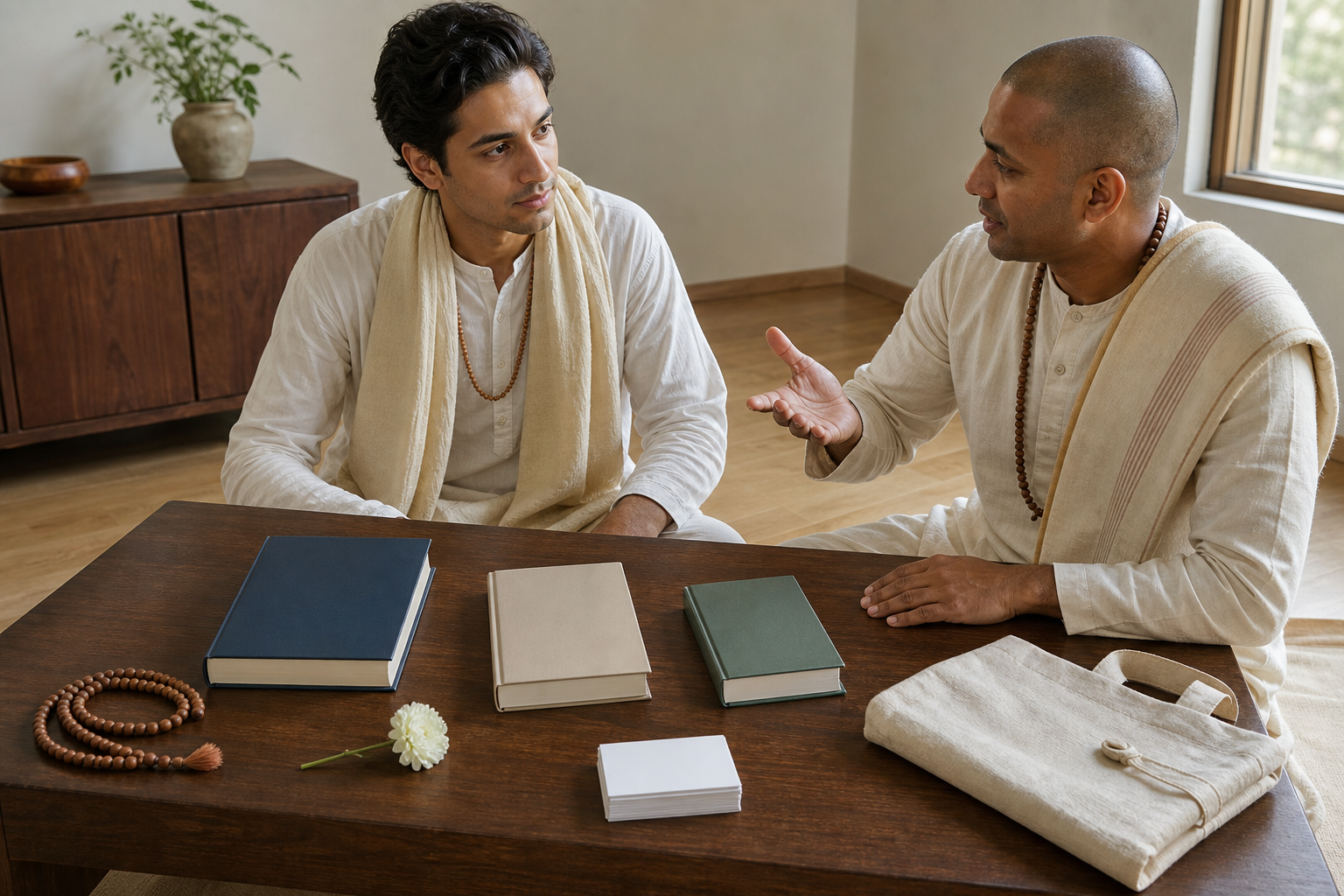 Two devotional volunteers practice a conversation at a low table arranged with plain-covered spiritual books, prayer beads, a flower, blank cards, and a cloth bag.